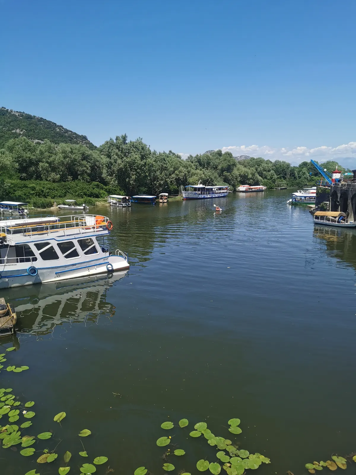 Boats and water lilies on the Skadar Lake river channel