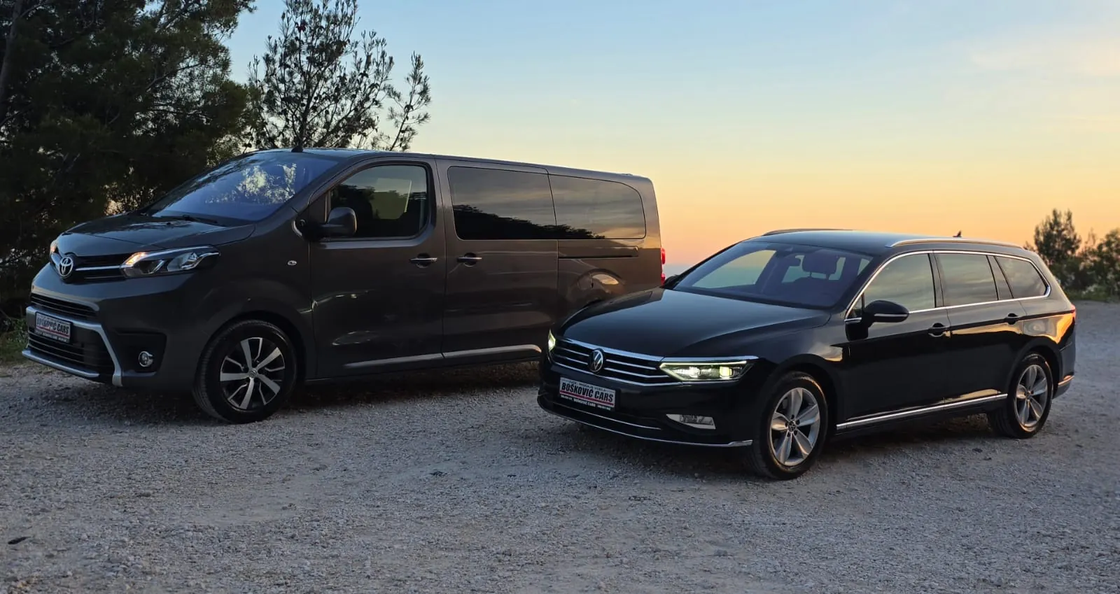 Transfers Montenegro fleet with Toyota van and Volkswagen Passat at sunset