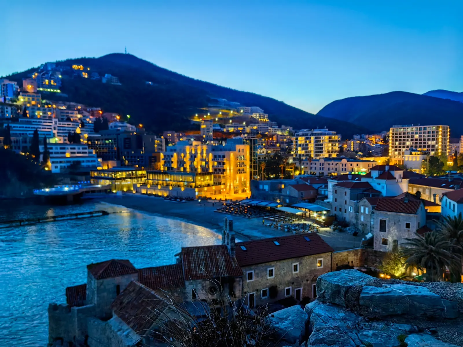 Budva old town and waterfront at dusk