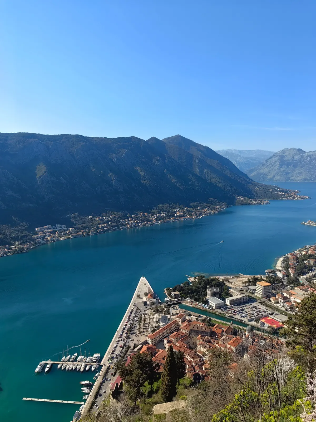 Elevated view of Kotor old town marina and bay
