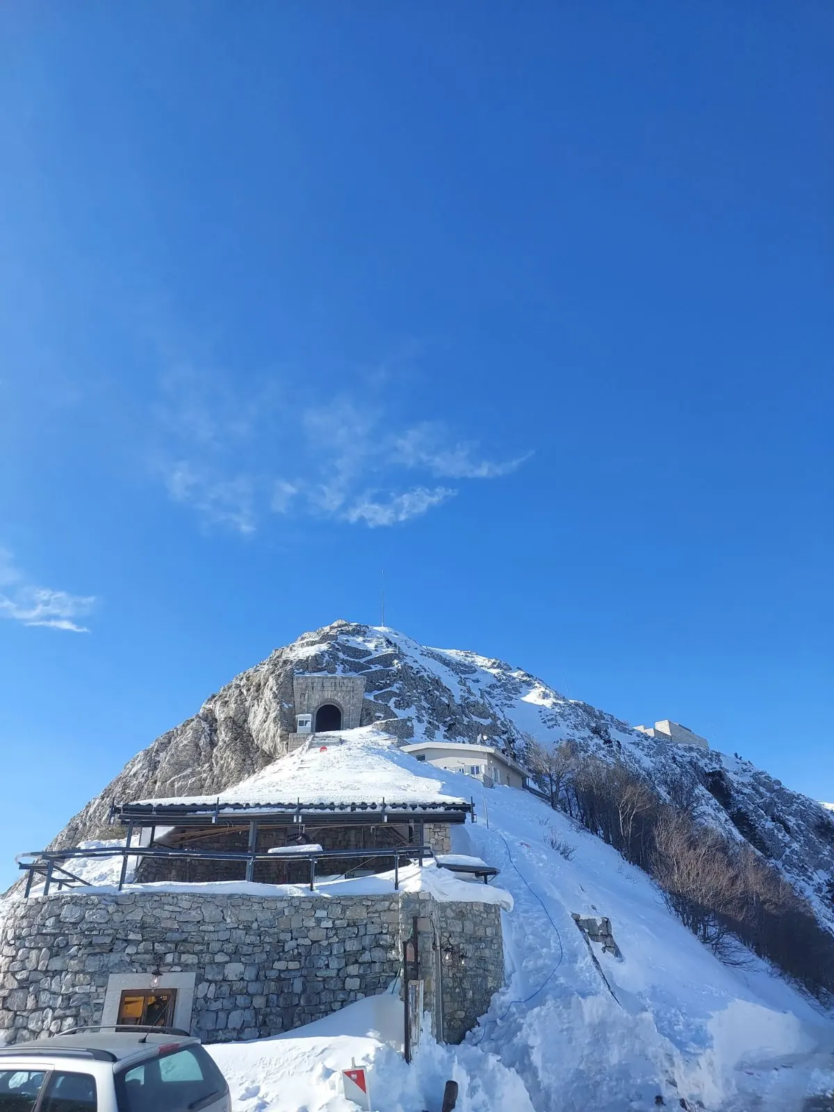 Mount Lovćen and the Njegoš Mausoleum covered in snow